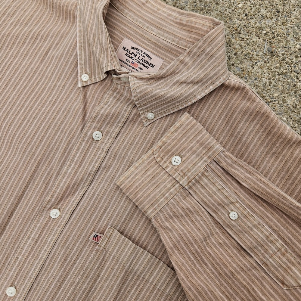 Polo Jeans Co Ralph Lauren Shirt Men L Button Long Sleeve USA FLAG Brown Stripe